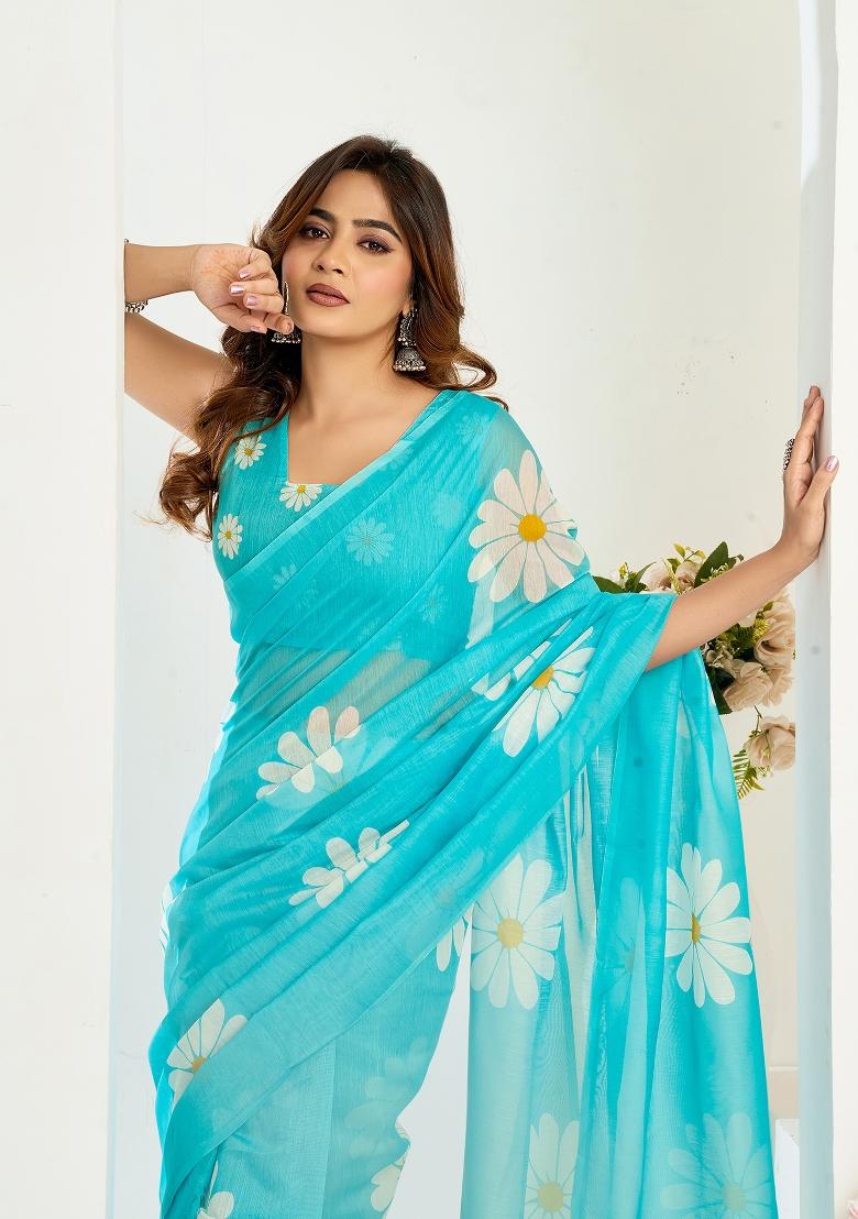 Sky Blue Printed Linen Saree Set - Indya