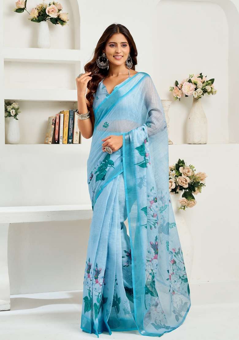 Sea Blue Linen Saree Set with Printed for Diwali | Wedding & Festive Wear - Indya