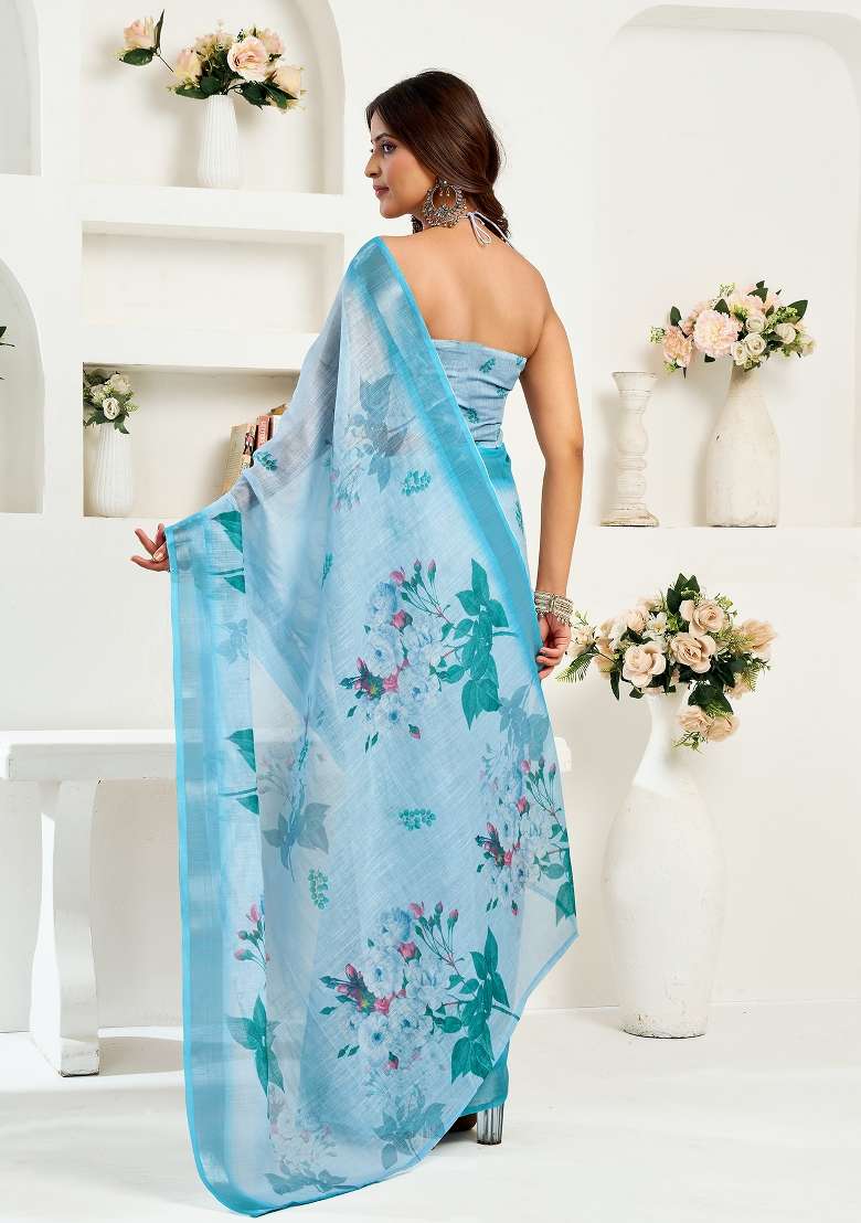 Sea Blue Linen Saree Set with Printed for Diwali | Wedding & Festive Wear - Indya