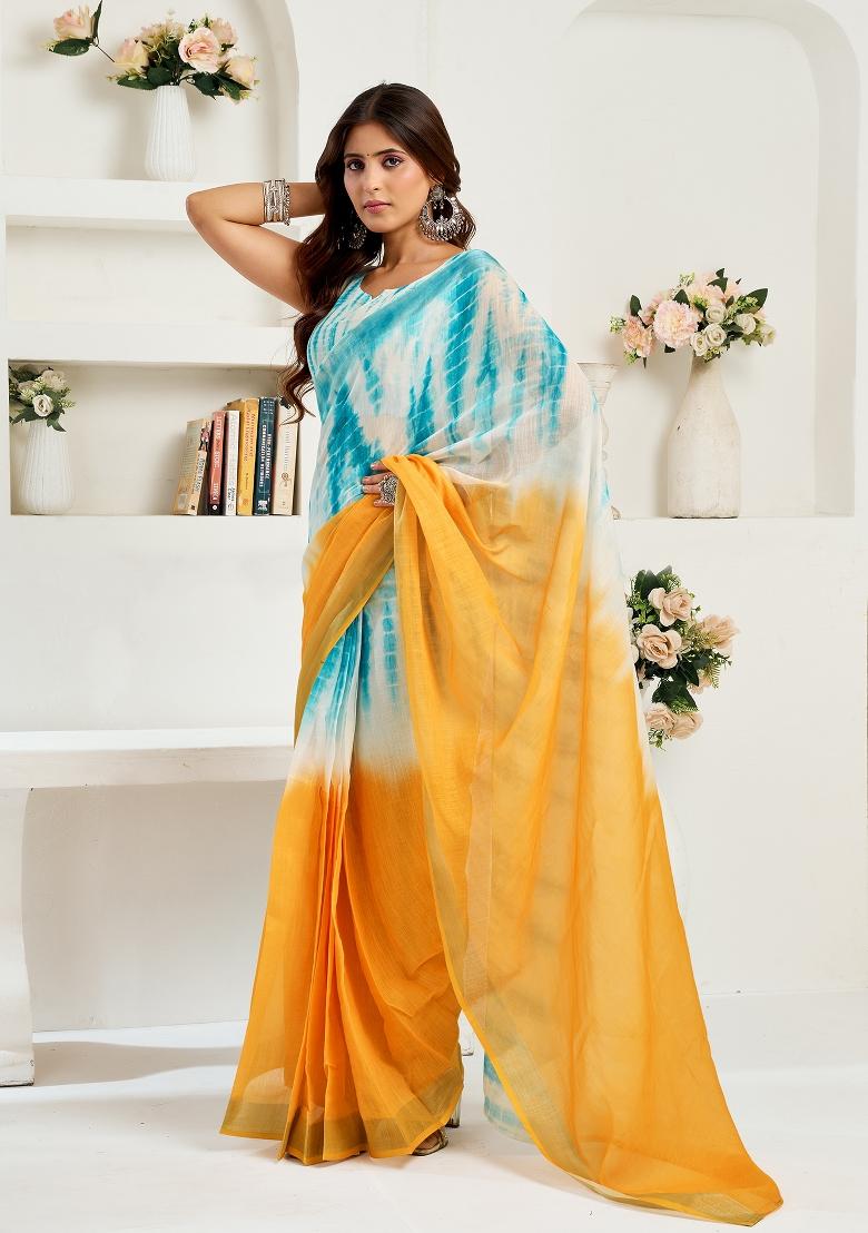 Multicolor Printed Linen Saree Set - Indya