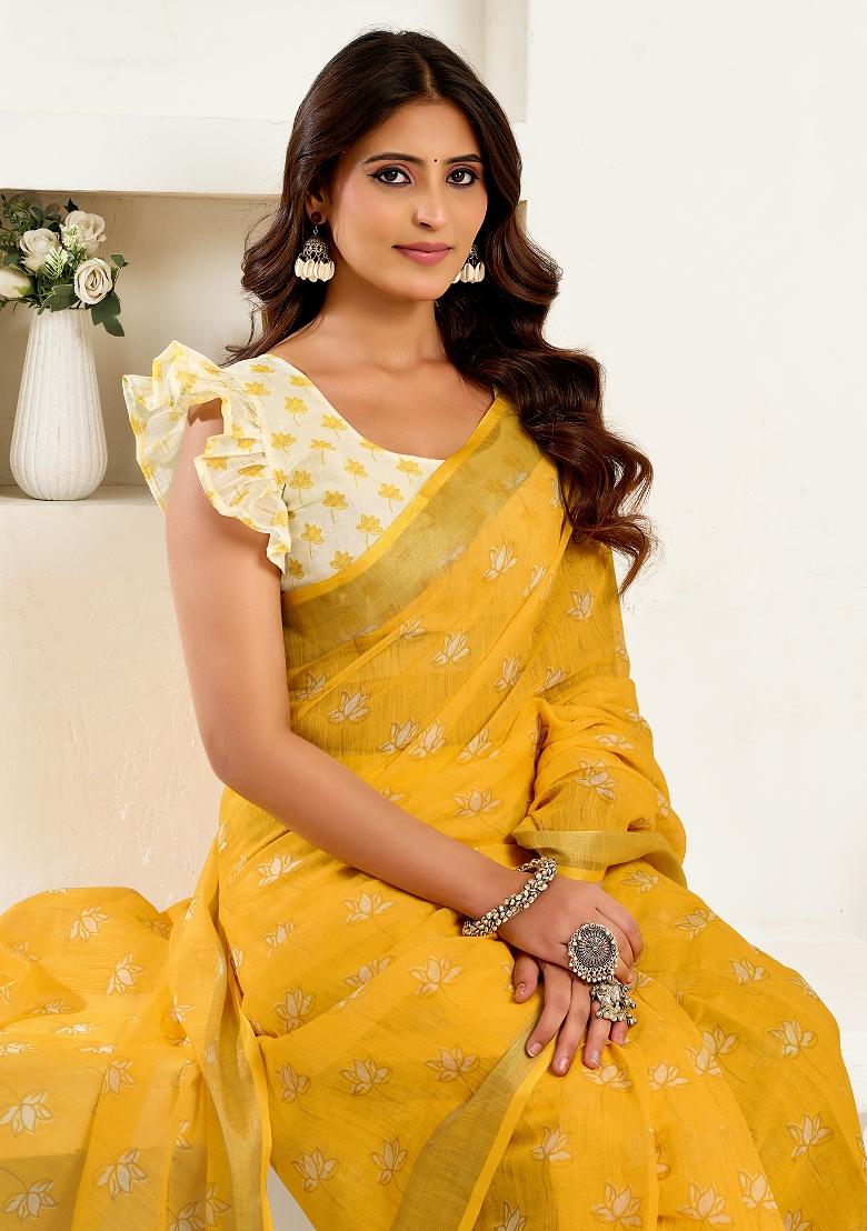 Yellow Printed Linen Saree Set - Indya