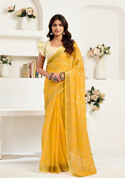 Yellow Printed Linen Saree Set