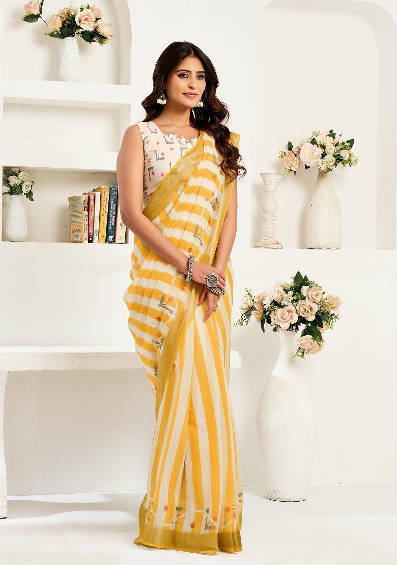 Yellow Printed Linen Saree Set - Indya