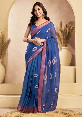 Blue Printed Linen Saree Set
