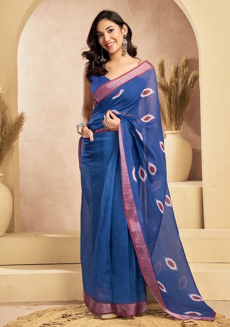 Blue Printed Linen Saree Set - Indya