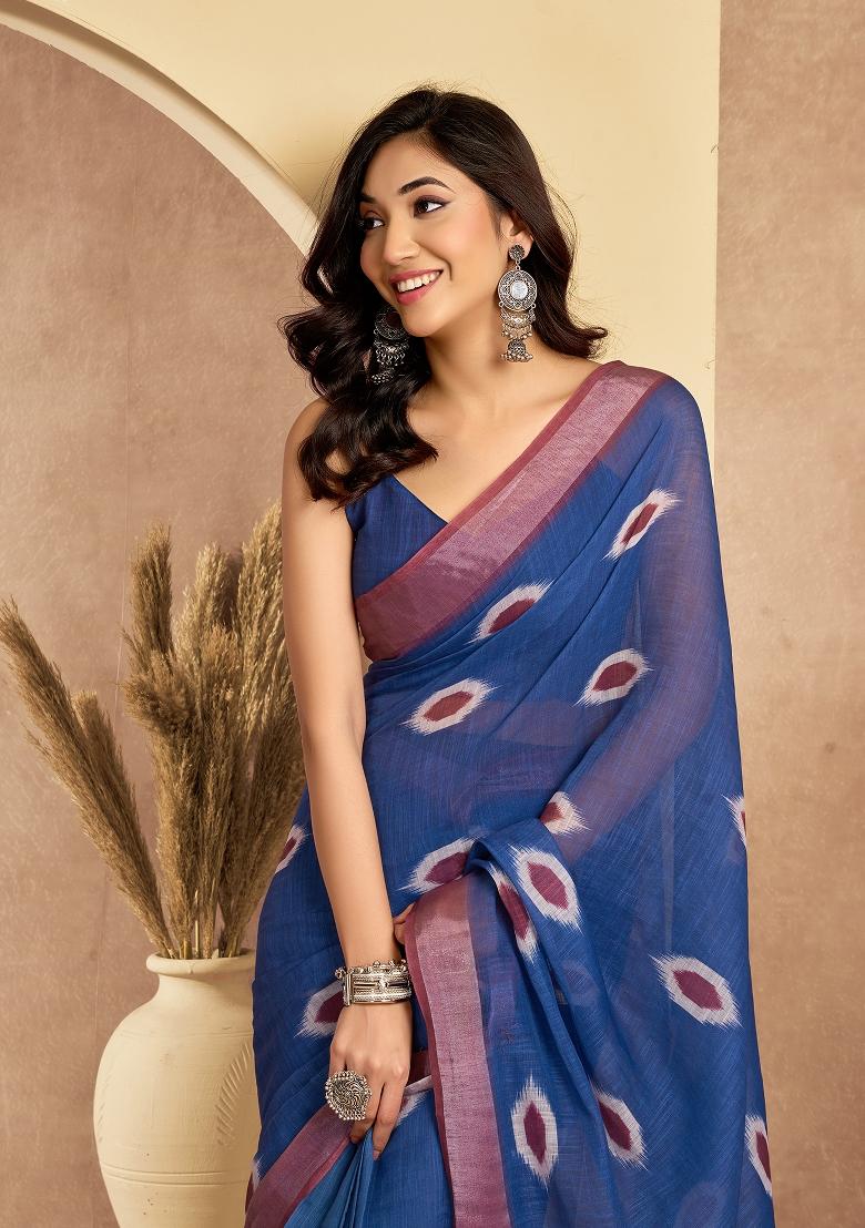 Blue Printed Linen Saree Set - Indya