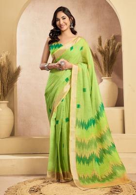 Mint Green Printed Linen Saree Set