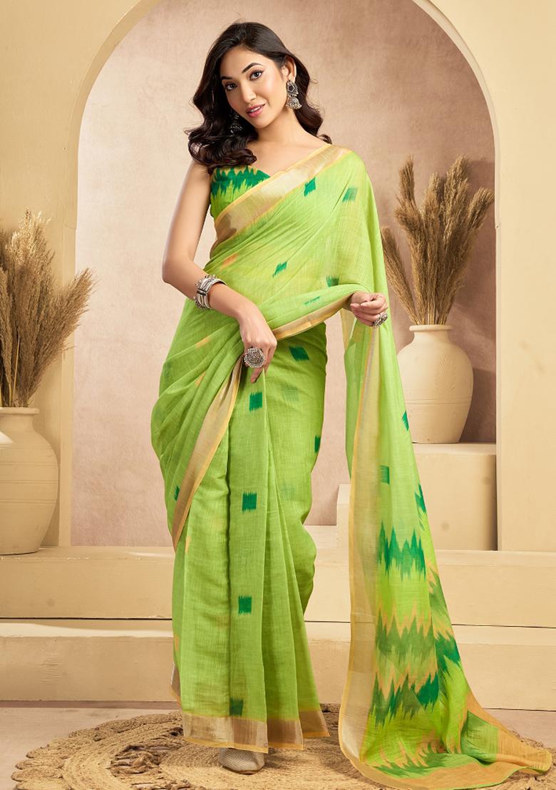 Mint Green Printed Linen Saree Set - Indya