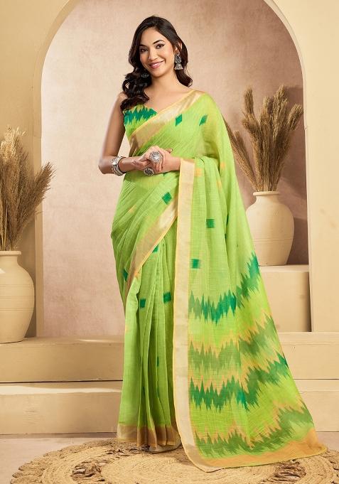 Mint Green Printed Linen Saree Set