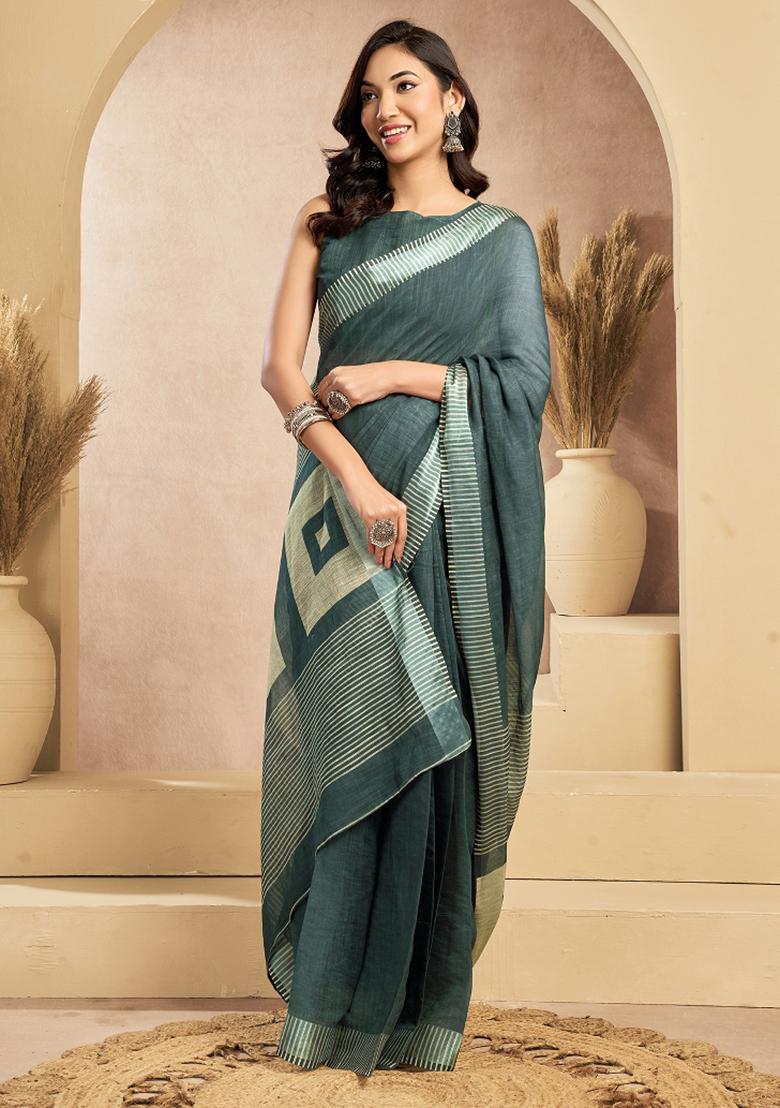 Morpeach Printed Linen Saree Set - Indya