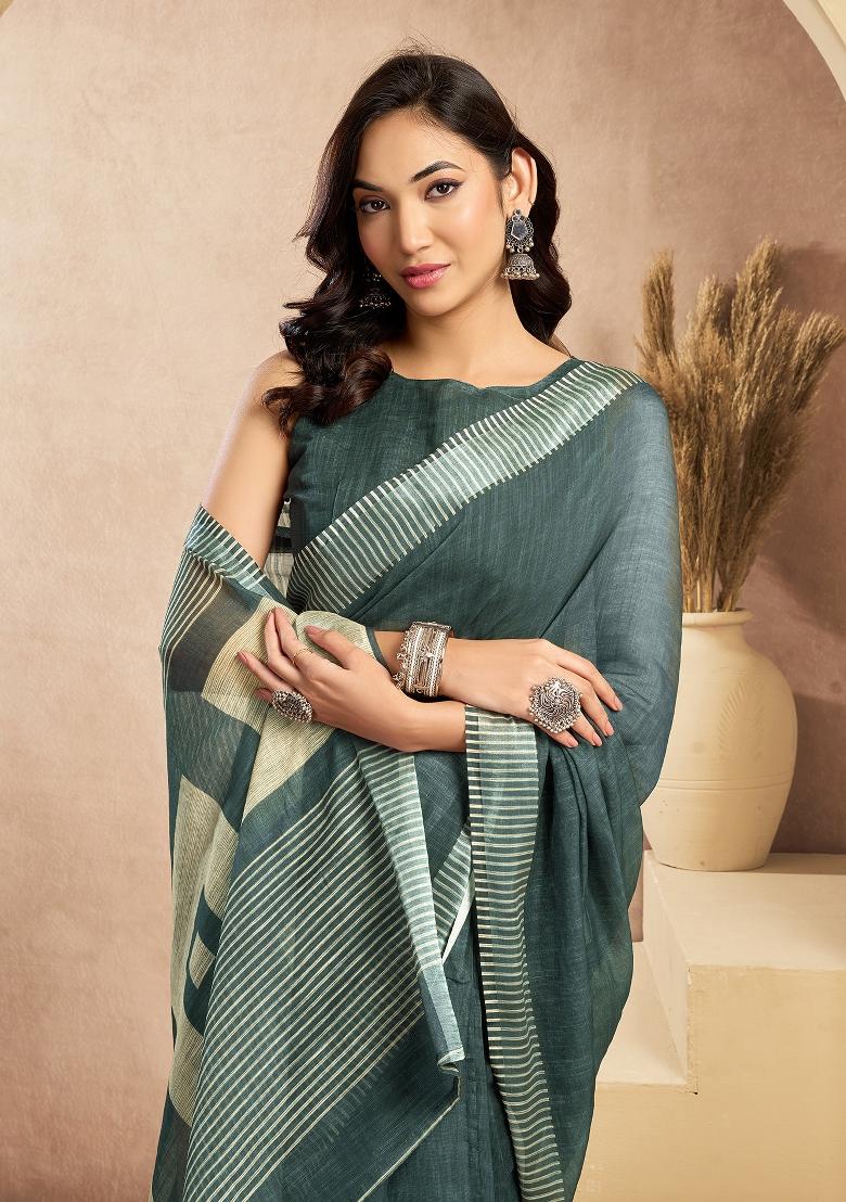 Morpeach Printed Linen Saree Set - Indya