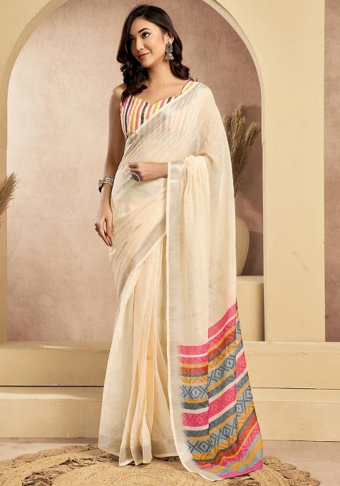 Off White Printed Linen Saree Set