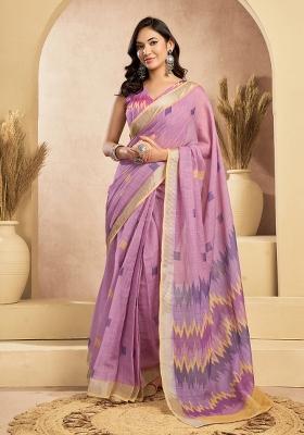 Onion Pink Printed Linen Saree Set