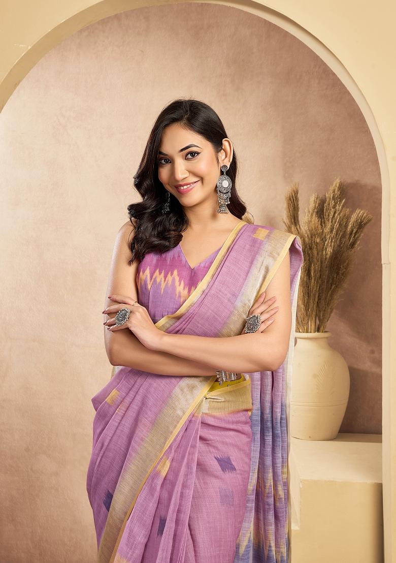 Onion Pink Printed Linen Saree Set - Indya