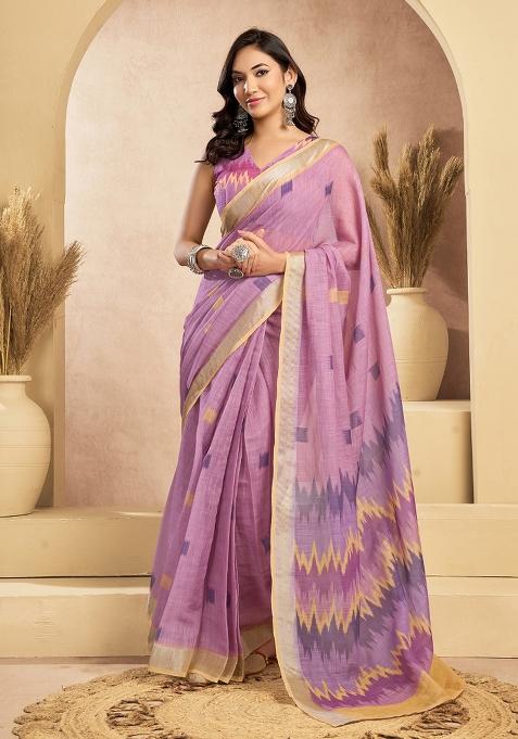 Onion Pink Printed Linen Saree Set