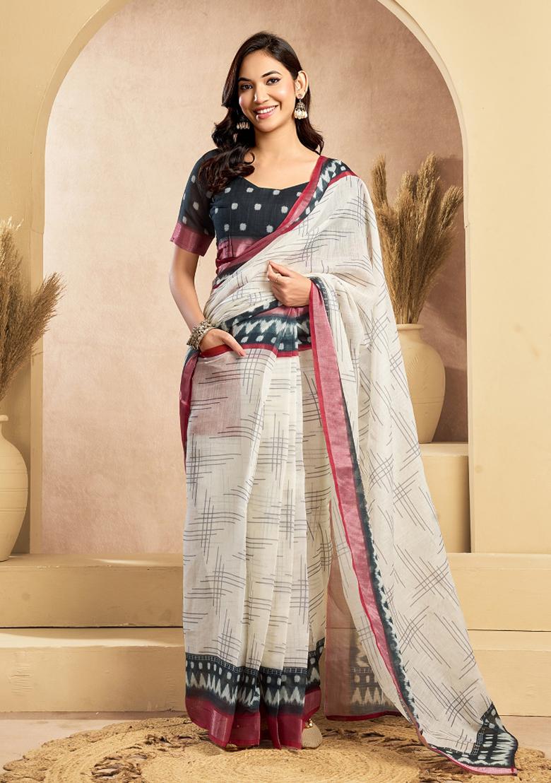 Off White Printed Linen Saree Set - Indya