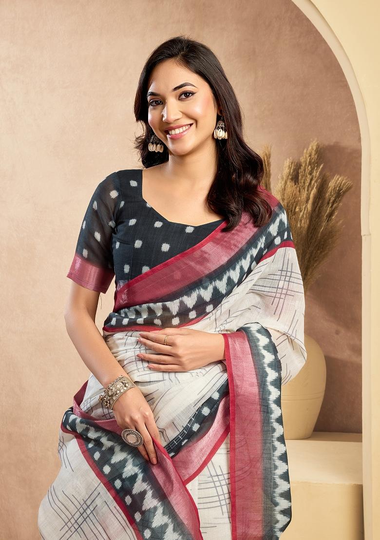 Off White Printed Linen Saree Set - Indya