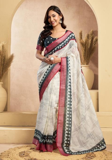 Off White Printed Linen Saree Set