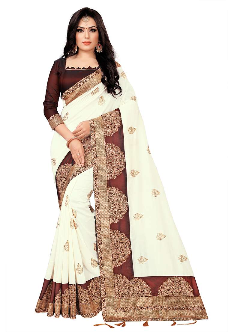 Off White Embroidery Silk Blend Saree Set for Diwali and Festive Wear - Indya