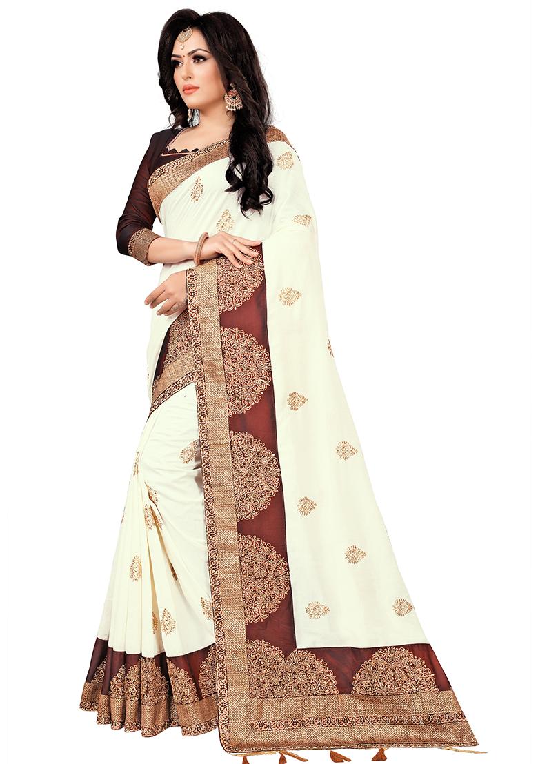 Off White Embroidery Silk Saree Set - Indya