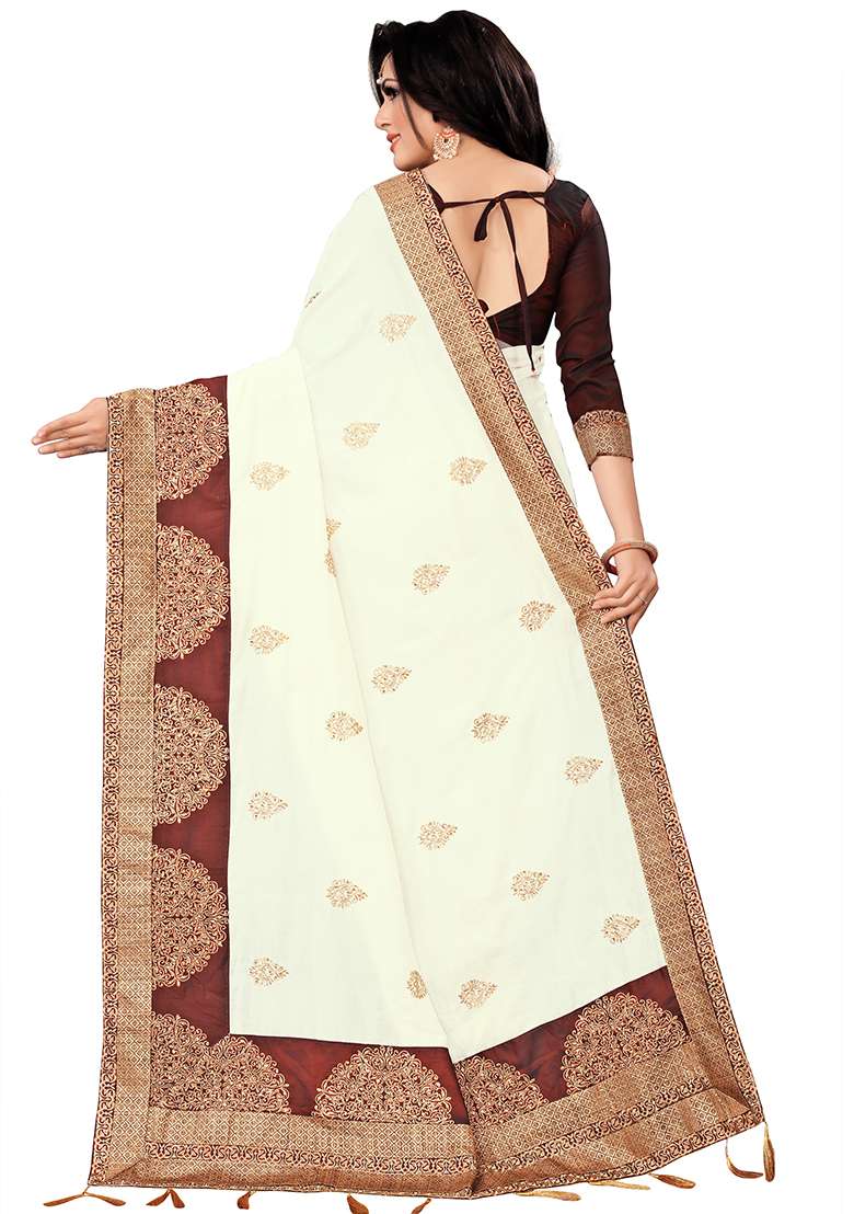Off White Embroidery Silk Blend Saree Set for Diwali and Festive Wear - Indya