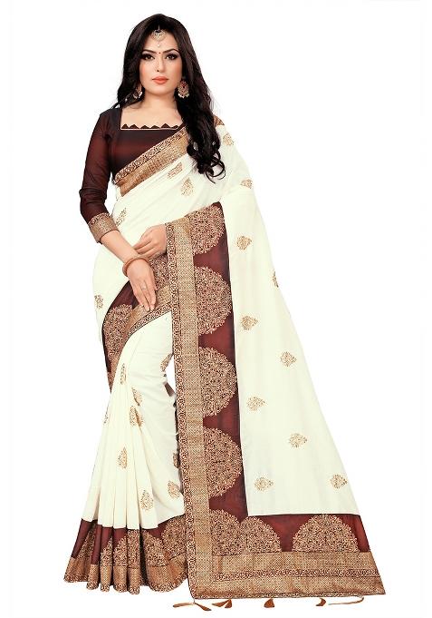 Off White Embroidery Silk Saree Set