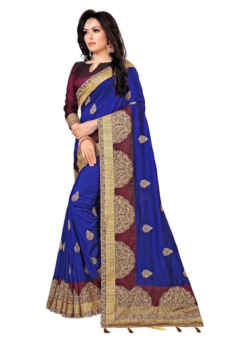 Royal Blue Embroidery Silk Saree Set - Indya
