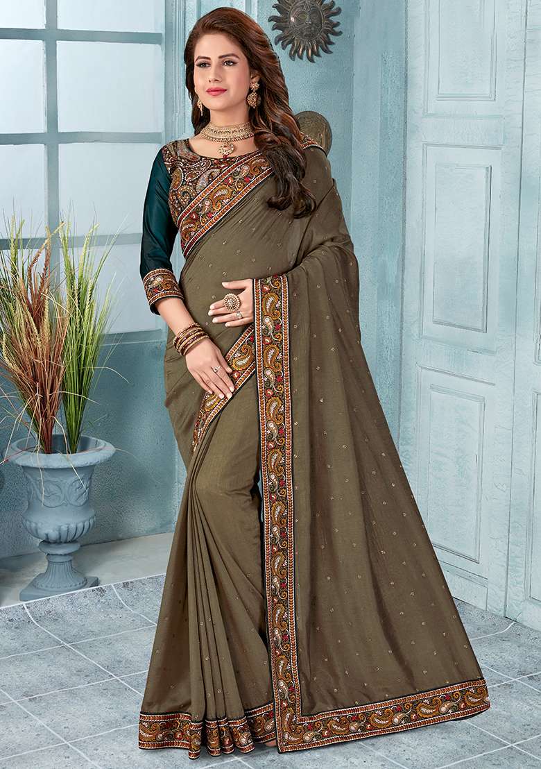 Mehendi Silk Blend Saree Set with Embroidery for Diwali | Wedding & Festive Wear - Indya