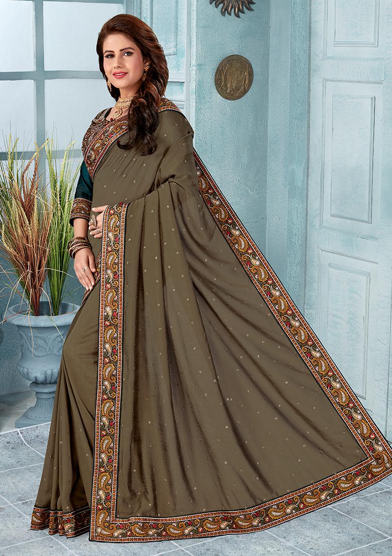 Mehendi Embroidery Silk Saree Set - Indya