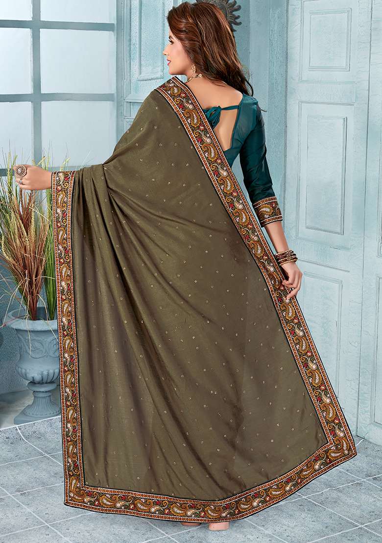Mehendi Silk Blend Saree Set with Embroidery for Diwali | Wedding & Festive Wear - Indya