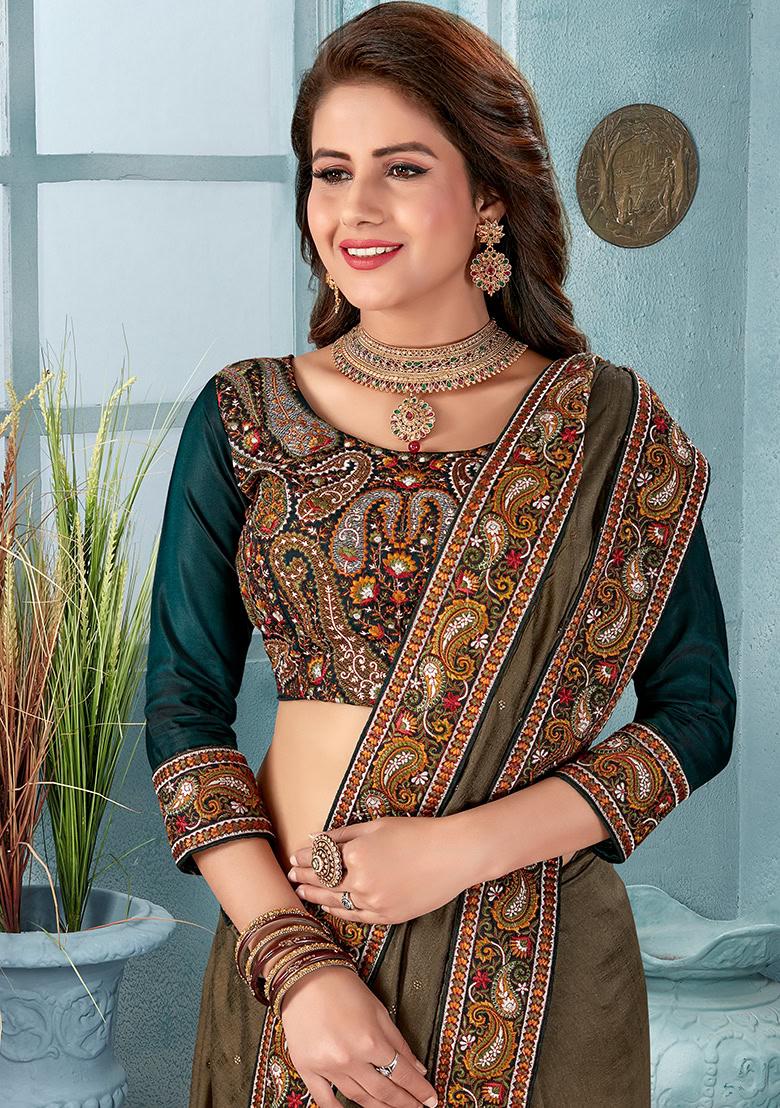 Mehendi Embroidery Silk Saree Set - Indya