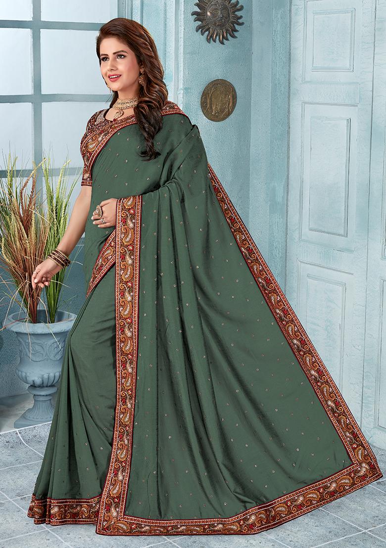 Sea Green Embroidery Silk Saree Set - Indya
