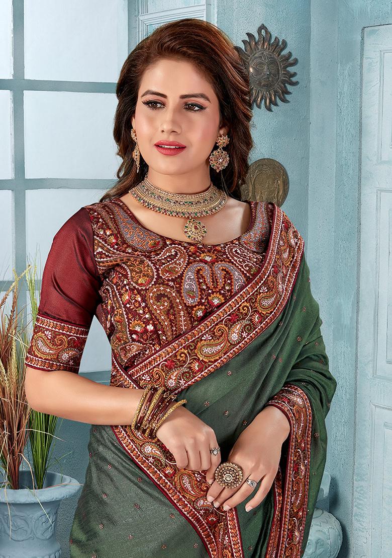 Sea Green Embroidery Silk Saree Set - Indya