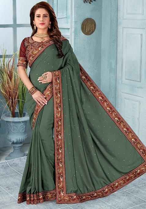 Sea Green Embroidery Silk Saree Set