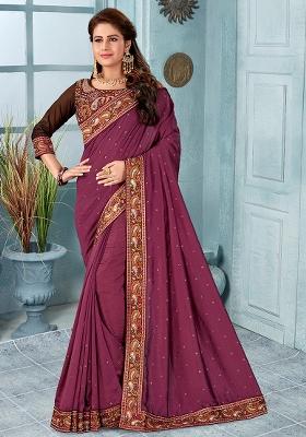 Wine Embroidery Silk Saree Set