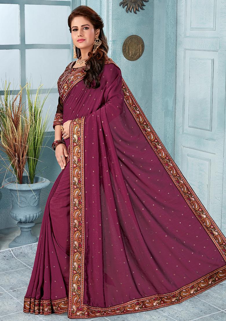 Wine Embroidery Silk Saree Set - Indya