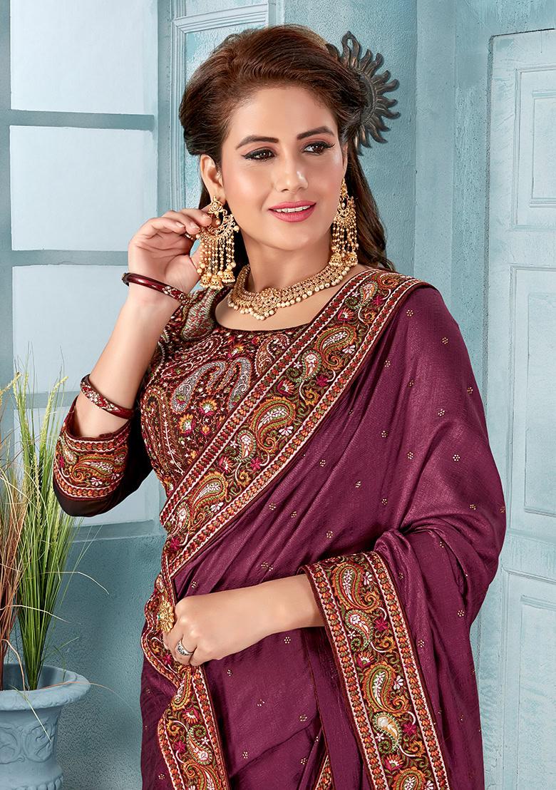 Wine Embroidery Silk Saree Set - Indya