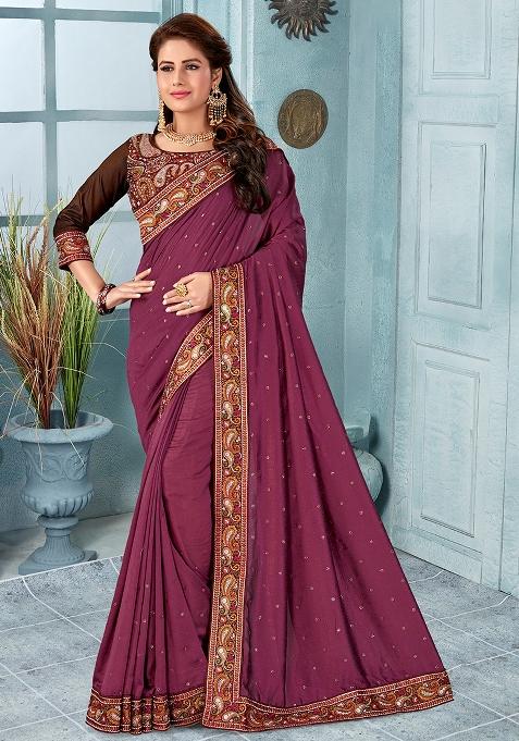 Wine Embroidery Silk Saree Set