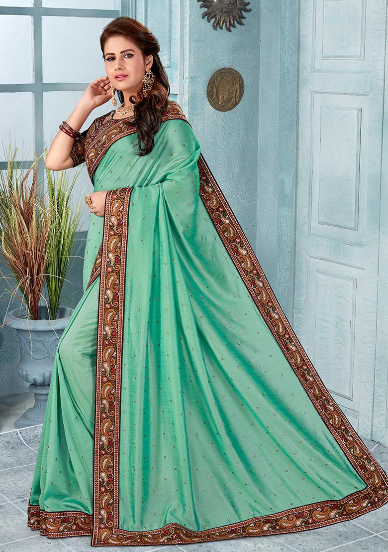 Sky Blue Embroidery Silk Saree Set - Indya