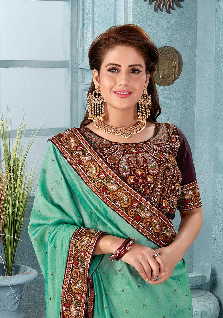 Sky Blue Embroidery Silk Saree Set - Indya