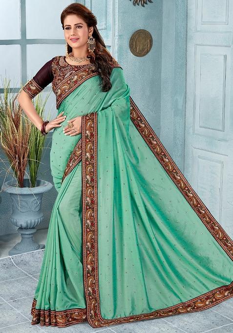 Sky Blue Embroidery Silk Saree Set