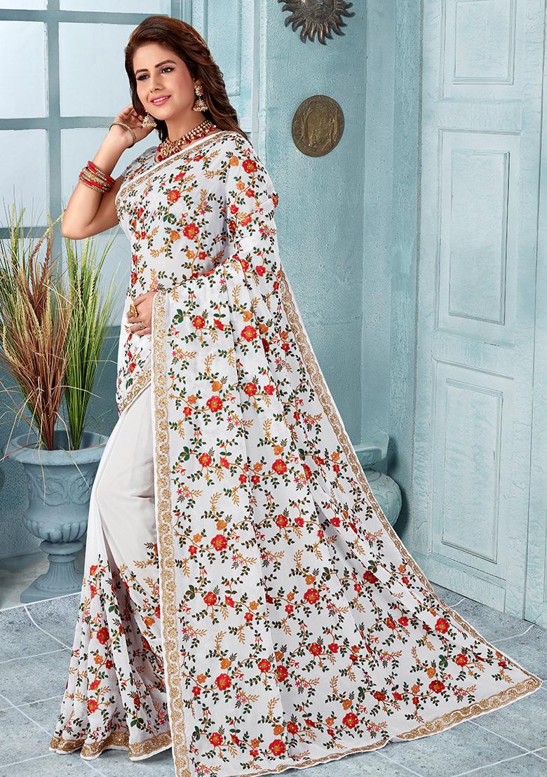 White Embroidery Georgette Saree Set - Indya