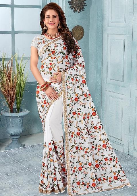 White Embroidery Georgette Saree Set
