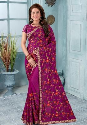 Wine Embroidery Georgette Saree Set