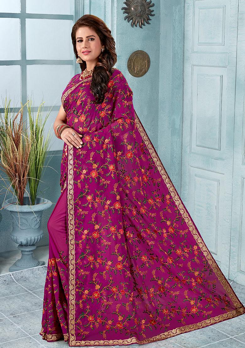 Wine Embroidery Georgette Saree Set - Indya