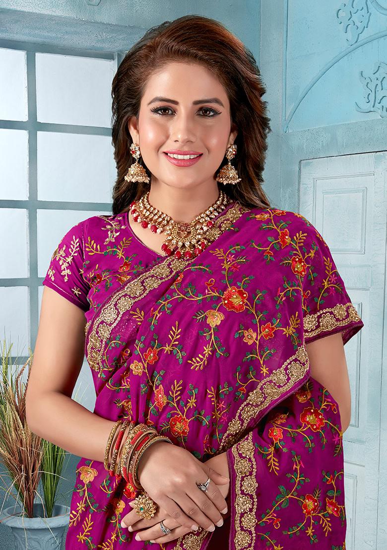 Wine Embroidery Georgette Saree Set - Indya