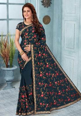 Dark Grey Embroidery Georgette Saree Set