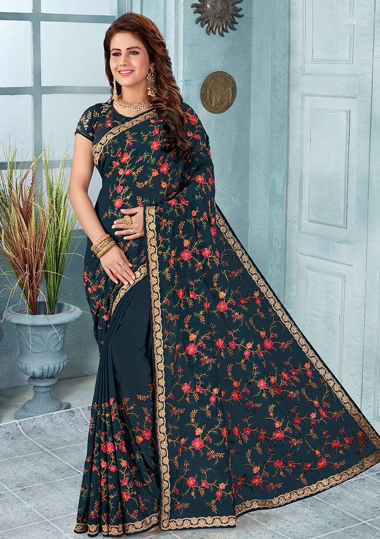Dark Grey Embroidery Georgette Saree Set for Diwali and Festive Wear - Indya