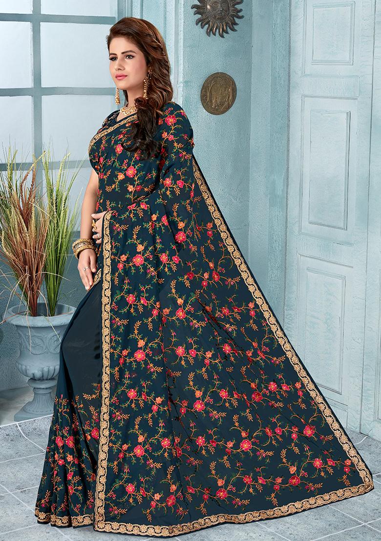 Dark Grey Embroidery Georgette Saree Set - Indya