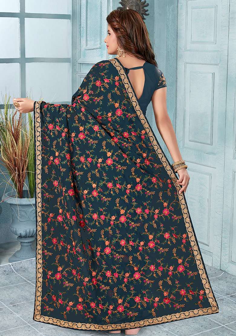 Dark Grey Embroidery Georgette Saree Set for Diwali and Festive Wear - Indya